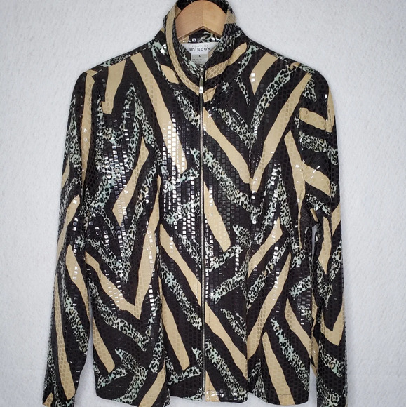 Exclusively Misook Sparkly Shiny Mixed Leopard Print Full Zip Collar Jacket Sz L - Picture 1 of 12